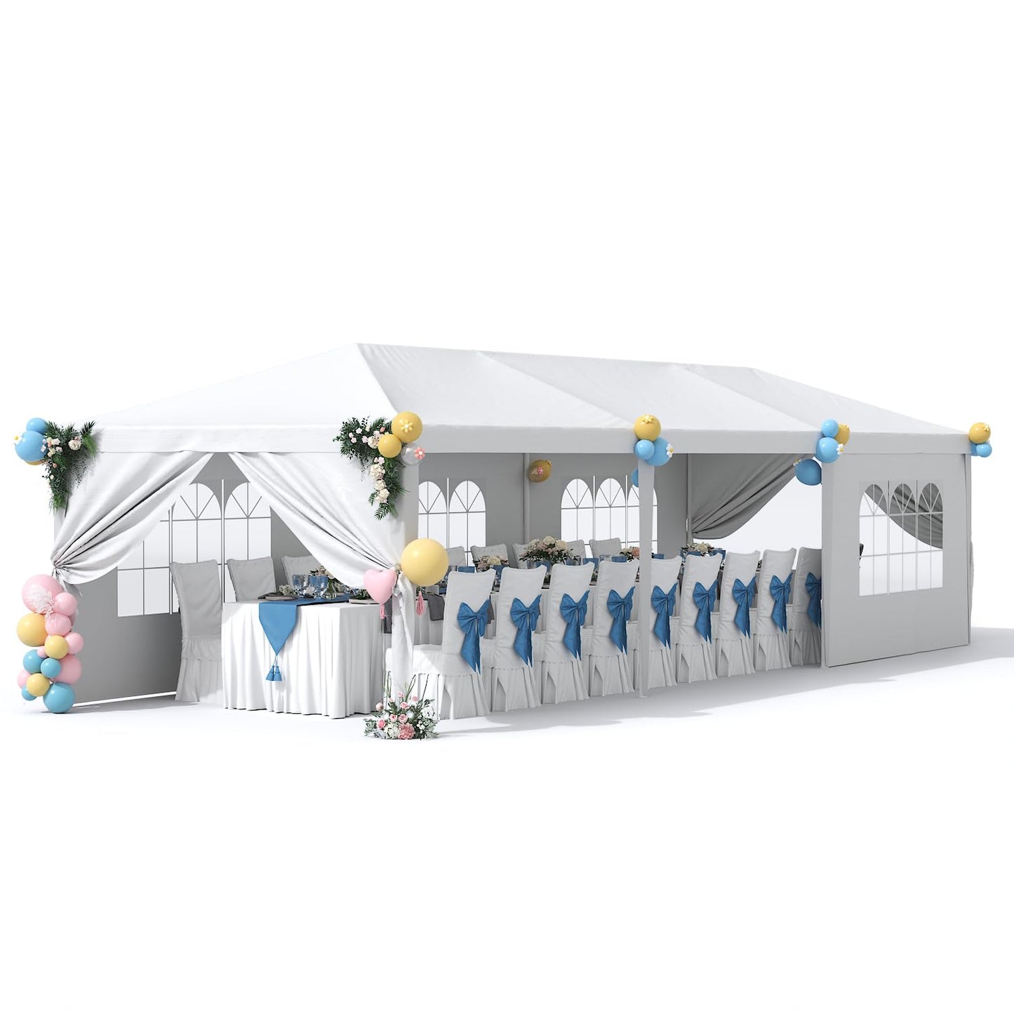 Greesum 10x30 Outdoor Canopy with 6 Side Removable Walls, Patio Camping Heavy Duty Gazebo Shelter for Party Wedding BBQ Events, Waterproof Tent, Snow-White