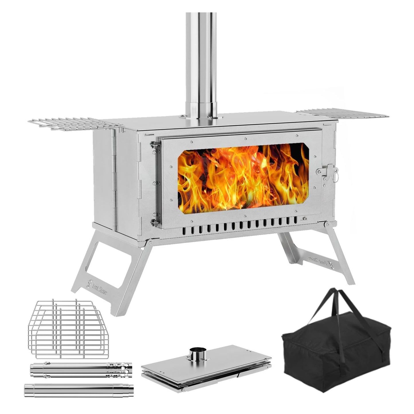 Large Portable Wood Burning Tent Stove, Foldable Stainless Steel Camping Stove with Viewing Glass & 5 Chimney Pipes & 3 Grills for Outdoor Heating, Cooking, Shelter, and Wilderness Survival