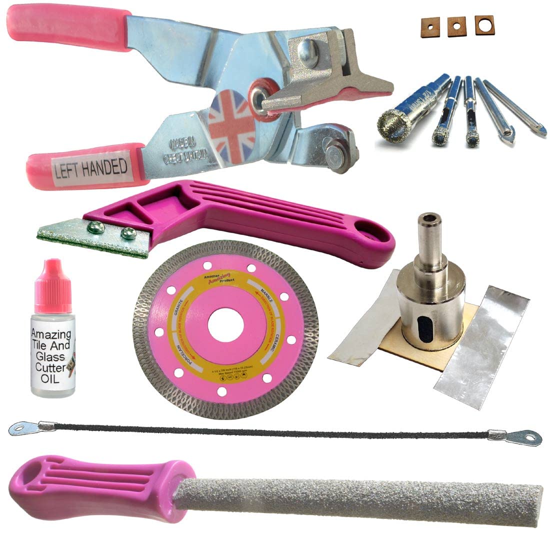 Tile Cutters for Ceramic Tiles Kit 4 Left Handed Tile Drills Hole Saw for Pipes Saw Blade for Notches Grinder Tile Saw Cutting Out Sockets Tile File for Trimming Edges Grout Rake for Cleaning Grout