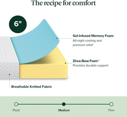ZINUS 6 Inch Twin Memory Foam Mattress - Cooling Essential Design, Medium Feel, Fiberglass Free, Safe Materials