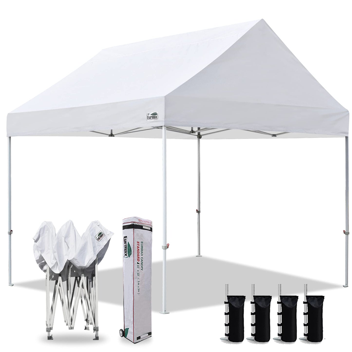 Eurmax USA Patented 10x10 Pop Up Canopy Tent Party Tent Commercial Instant Canopies Shelter with Heavy Duty Roller Bag,Bonus 4 Sand Bags (Snow White)