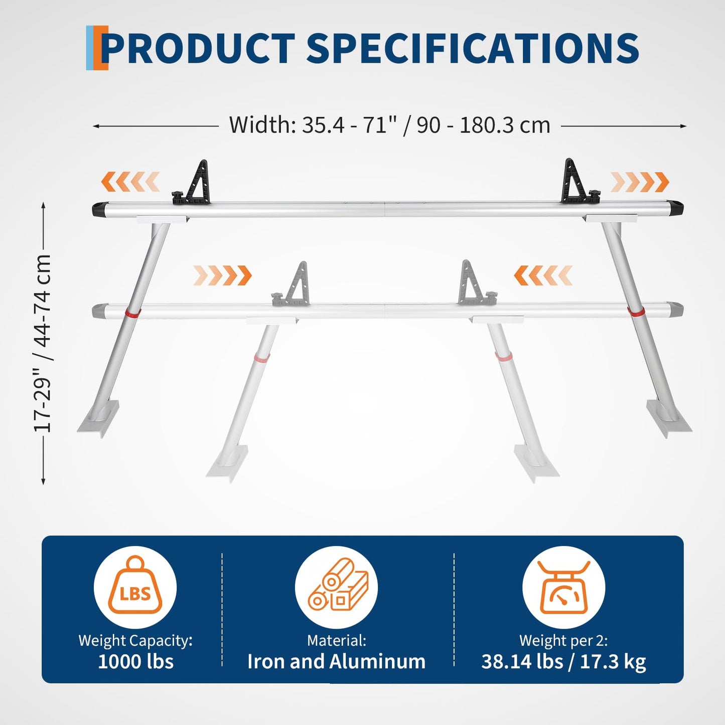 Heavy-Duty 800 LBS Aluminum Truck Ladder Rack, Adjustable 35.4–71 in Pickup Bed Cargo System with Drilling Mount for Lumber, Kayak, Surfboard & Work Equipment - Silver
