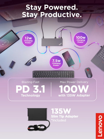 Lenovo ThinkPad USB 4 Smart Dock 5500 w/ 135W Adapter, Supports up to 4 Displays, 100W Power to Laptop, Integrated USB4 Cable, Eclipse Black