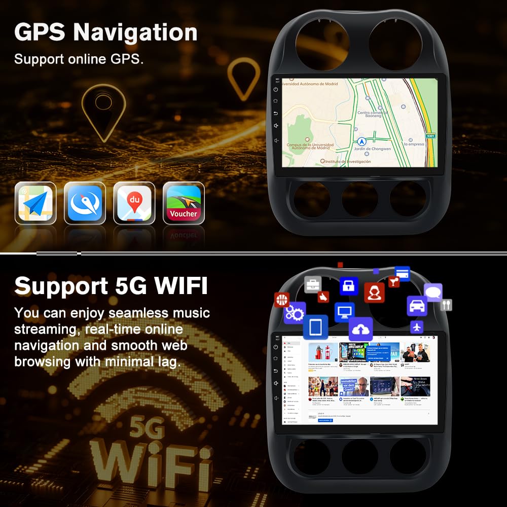 Junsun 8 Core Car Radio Stereo for Jeep Compass Patriot 2010-2016 with Wireless CarPlay Android Auto Bluetooth FM DSP 4GB RAM 64GB ROM