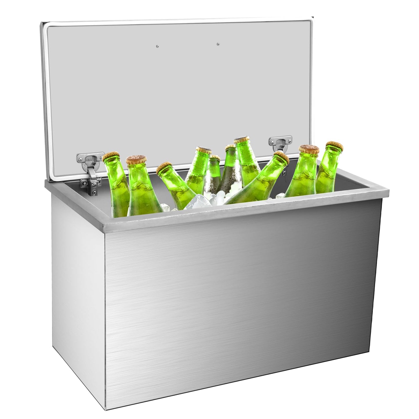 GarveeLife Drop in Ice Chest, 28" L x 14" W x 17" H Stainless Steel Ice Cooler, Commercial Ice Bin with Hinged Cover, Outdoor Kitchen Ice Bar, Drain-Pipe and Drain Plug Included, for Cold Wine Beer