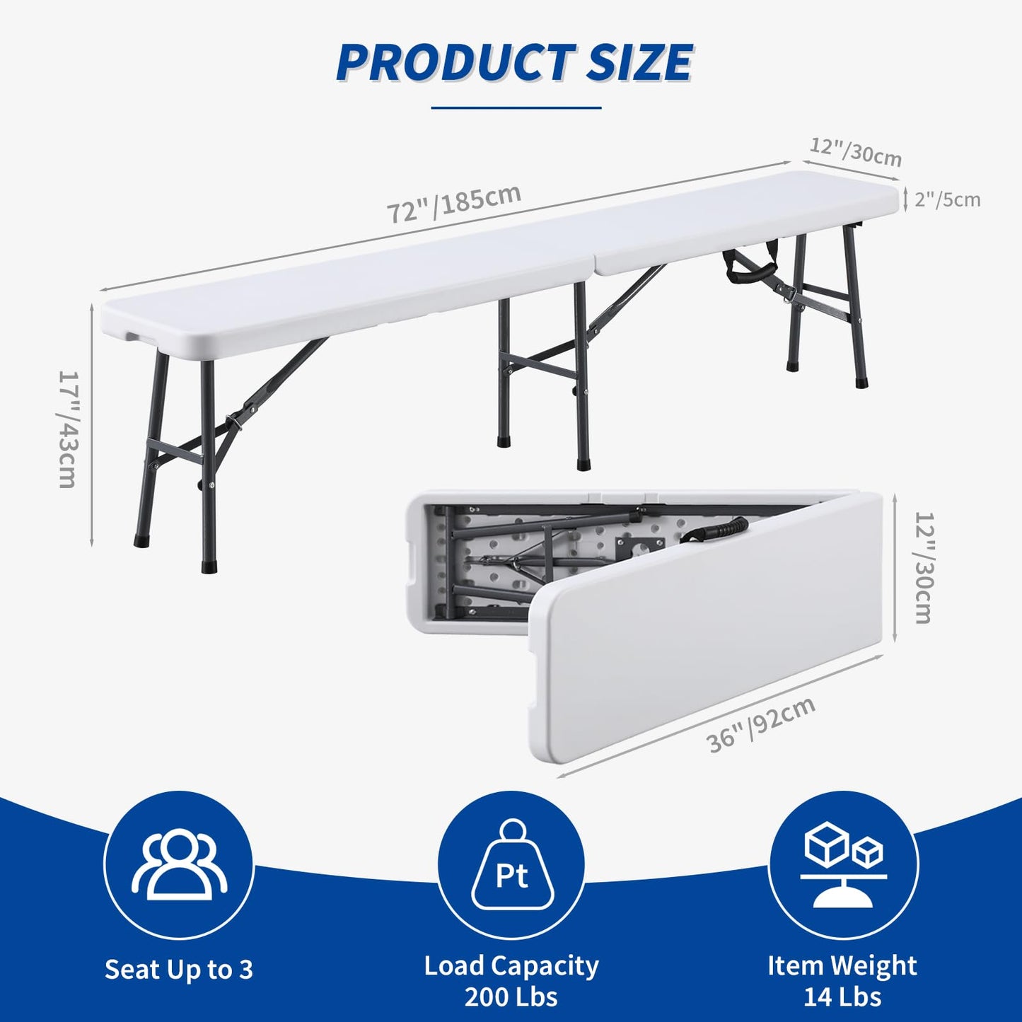 KAIHAOWIN 6FT Plastic Folding Bench White with Carrying Handle Indoor/Outdoor Portable Seat for Picnic, Camping, Dining, Party- 2 Pack