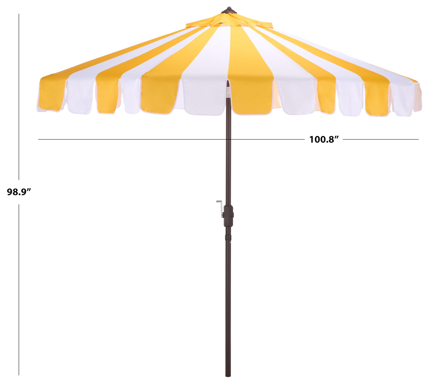 SAFAVIEH Outdoor Patio Furniture Collection – Meze 9 Ft Yellow Stripe & Brown Crank Umbrella, Market-Style Patio Umbrella with Aluminum Pole, Outdoor Shade Accent (PAT8013Y)