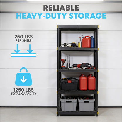 Simpli-Magic 5-Tier Heavy Duty Plastic Storage Shelving Unit, Garage & Outdoor Organizer, Modular Rack, 36 x 24 x 75 Inches, 250 lbs per Shelf, 1250 lbs Total Capacity