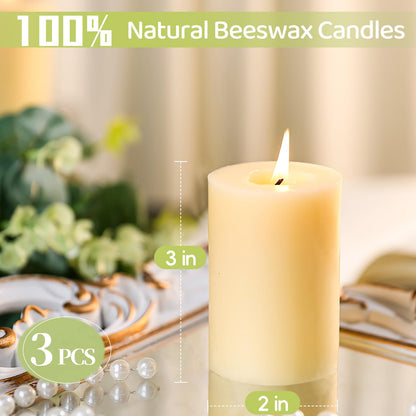 3 Pack Beeswax Pillar Candles,Ivory White Beeswax Candles-105 Hours Long Burning,Unscented Bees Wax Candles for Home,Prayer,Emergency,Dripless Smokeless Organic Pillar Candles 2x3in