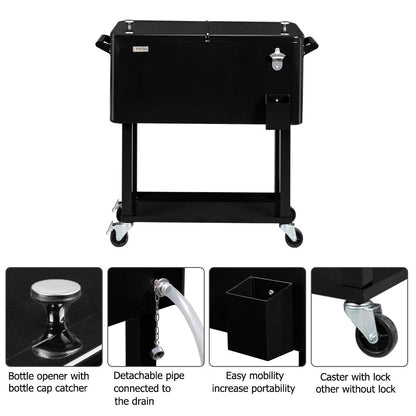 VINGLI 80 Quart Rolling Ice Chest, Portable Patio Party Bar Drink Cooler Cart, with Shelf, Beverage Pool with Bottle Opener (Black)