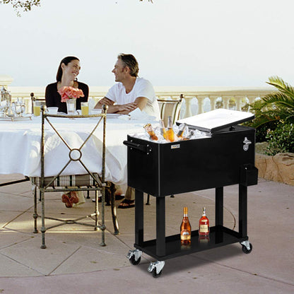 VINGLI 80 Quart Rolling Ice Chest, Portable Patio Party Bar Drink Cooler Cart, with Shelf, Beverage Pool with Bottle Opener (Black)