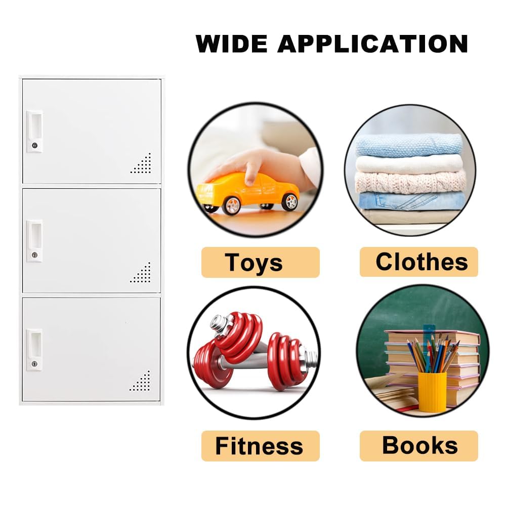 FURSTEL Student Locker Organizer, Multi-Door Steel Locker, Small Locking Cabinet Storage Organizer, Office File Cabinet, Home Locker, Gym Locker, Metal Storage Locker (3 Door, White)