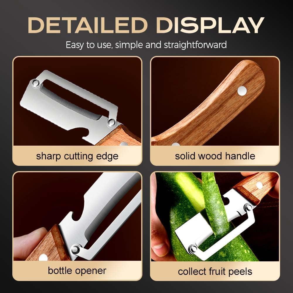 Skiennix Multi-Functional Vegetable Peeler - 2-in-1 Stainless Steel Tool with Wooden Handle & Bottle Opener