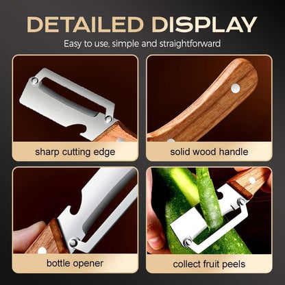 Skiennix Multi-Functional Vegetable Peeler - 2-in-1 Stainless Steel Tool with Wooden Handle & Bottle Opener