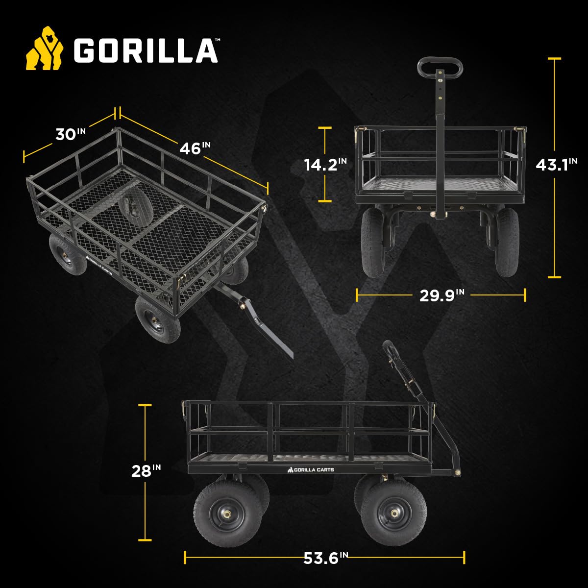 Gorilla Carts Steel Utility Cart, 9 Cu Ft Bed, 1200 lb Load Capacity, Black – Towable Heavy-Duty Outdoor Hauling Wagon with Removable Side Panels for Yard, Lawn, Garden or Landscaping