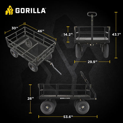 Gorilla Carts Steel Utility Cart, 9 Cu Ft Bed, 1200 lb Load Capacity, Black – Towable Heavy-Duty Outdoor Hauling Wagon with Removable Side Panels for Yard, Lawn, Garden or Landscaping