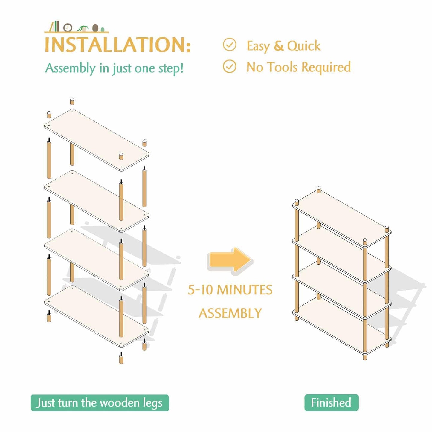 IOTXY 5-Tier Wooden Shelf Bookcase - Modern Open Bookshelf, Free Standing Storage Rack, Multifunctional Display Stand for Home and Office, Oak, Rectangle