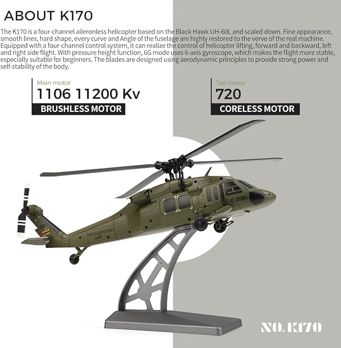 WL K170 Blackk Hawk UH-60L 170 RC Military Helicopters for Adults 2.4G 4CH Flybarless RC Helicopter with Adjustable Left and Right Hand Throttle (RTF Version)