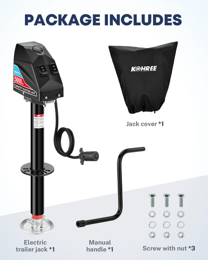 Kohree Electric Trailer Jack 5000 lbs with 7-Way Connector, Heavy Duty RV Electric Tongue Jack for Travel Trailer A-Frame Camper, with Manual Crank Handle & Weatherproof Jack Cover, 22" Lift, 12V DC