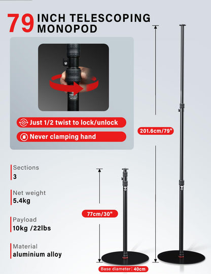 IFOOTAGE A400 Round Base Monopod(3 Pack) - 79'' Light Stand Photography, Aluminum Camera Floor Stand for DSLR Camera, Light, Webcam, Live Streaming, Vlogging, Payload 10KG/22LBS