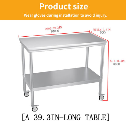 FITHOW Stainless Steel Pulley Workbench with Casters, 20 * 40 inches Commercial Heavy-Duty Workbench and Prep Table with Lower Shelf, Suitable for Restaurant Kitchens, Outdoor barbecues and garages