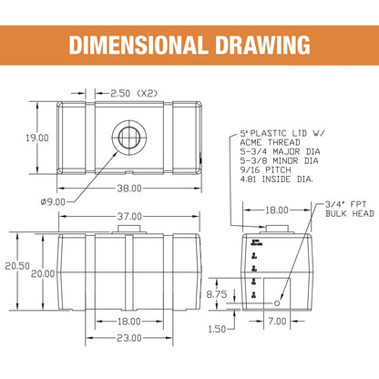 RomoTech 82123919 Horizontal Square Reservoir Water Tank, 50 Gallon, Made in USA, Natural Poly Tank for Non-Flammable Liquids, UV-Resistant, Ideal for Agricultural Use, RV Water Storage, White