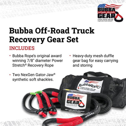 Bubba Rope Off-Road Truck Recovery Gear Set – Heavy-Duty Vehicle Tow Kit: Power Stretch Recovery Rope, 7/8” x 30’ - NexGen PRO Gator-Jaw Synthetic Shackles, 3/8” x 6.5” - Red