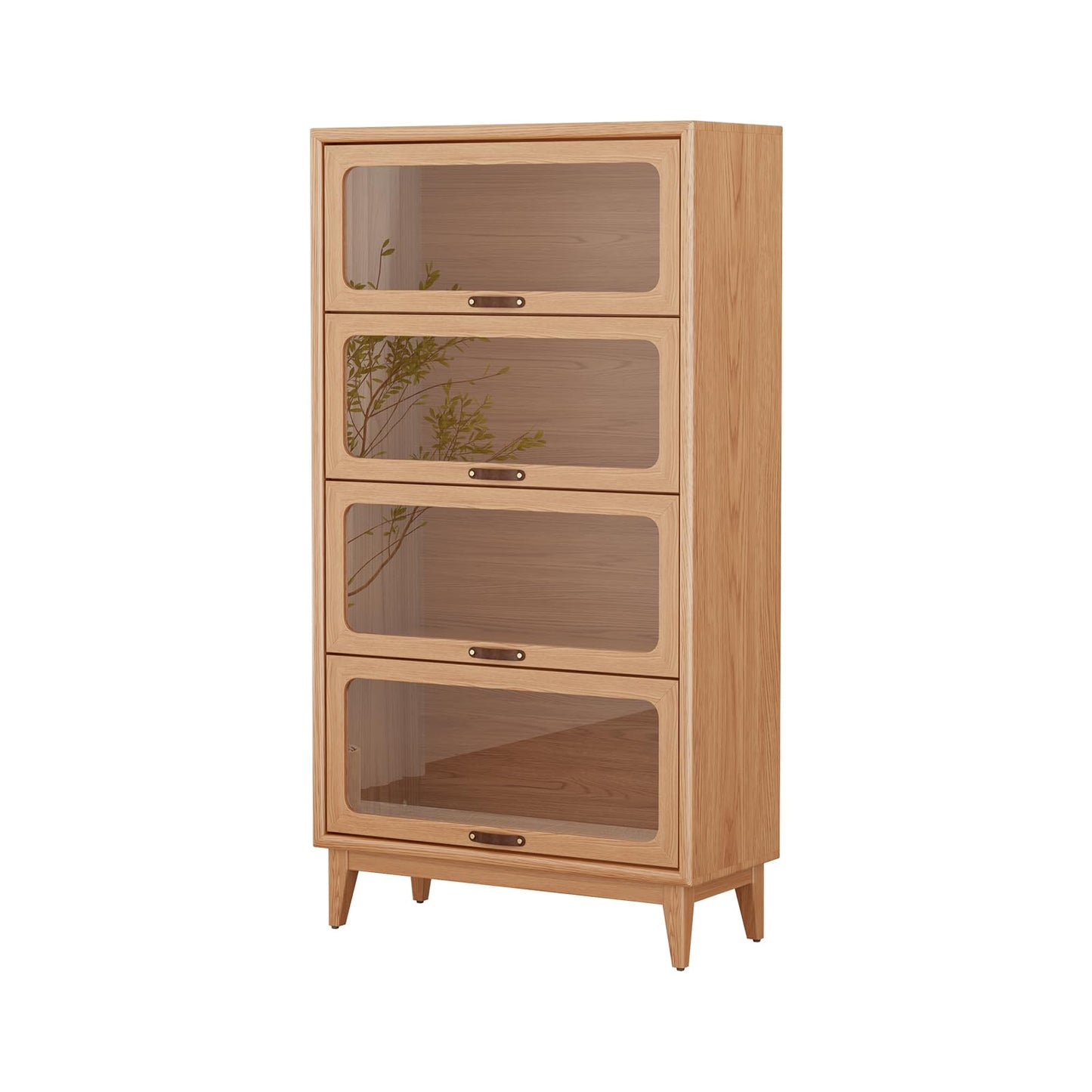 AnywaysWood 4-Layer Natural Wood Finish Solid Wood Bookcase 4-tire with Tempered Glass Flip-Up Doors,60Hx13.7Dx32W Bookshelves Finish Cube Storage Organizer
