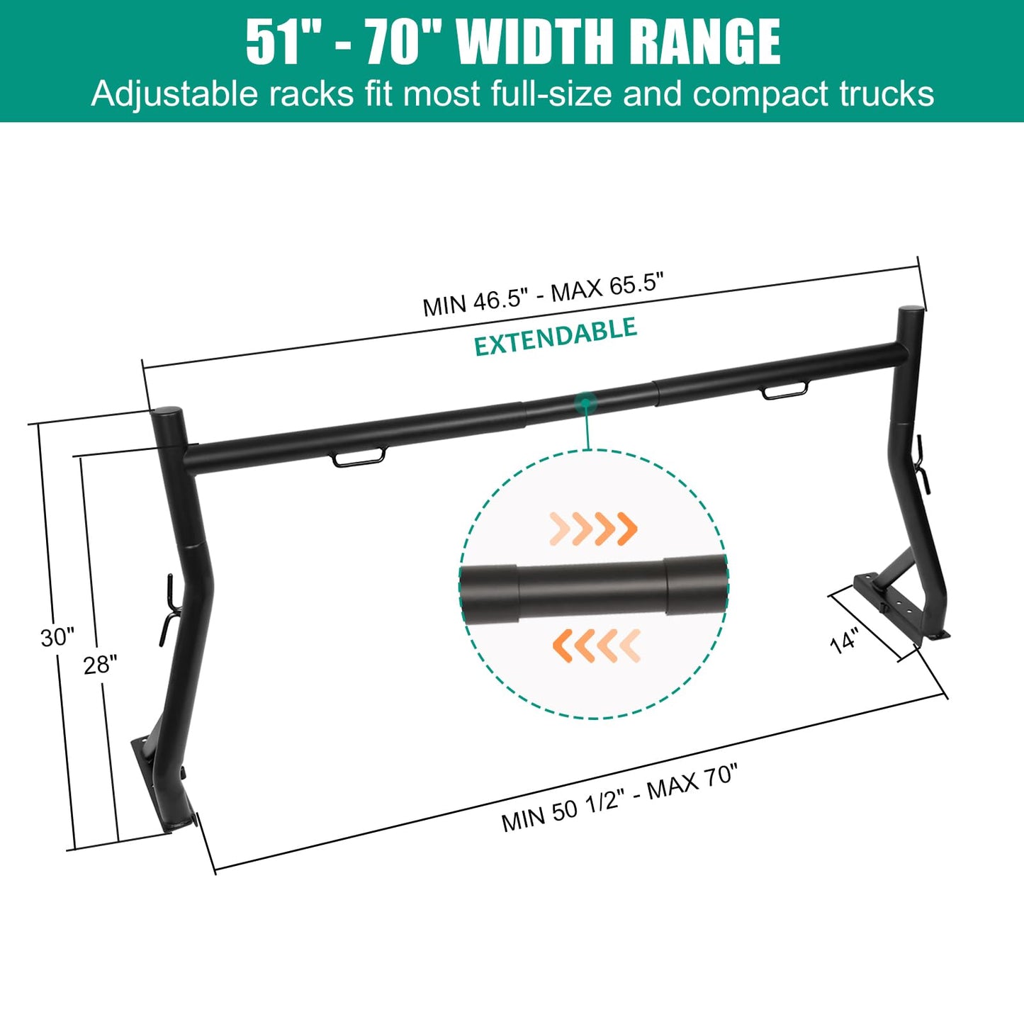 OUTPRIZE Non-Drilling Truck Rack, Heavy Duty Steel Extendable Truck Bed Ladder Rack, Fit for 52" to 71" Wide Truck Bed, 800 lb. Capacity