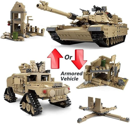 General Jim's 2-in-1 Military Brick Building Set – WWII US Army M1A2 Tank or Humvee with Rotating Turret Adjustable Gun &amp Accessories – 1463-Piece Model for Military Collectors Teens &amp Adult