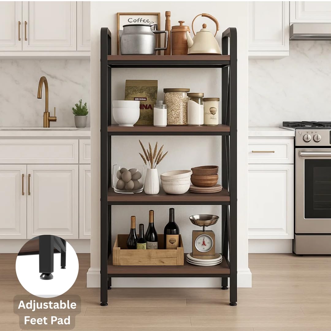 flowmultiply 4-Tier Bakers Rack Storage Shelf – Metal & Wood Kitchen Organizer with Adjustable Shelves, Rustic Industrial Shelf for Pantry or Office (15.8" L × 25.6" W × 56.3" H)