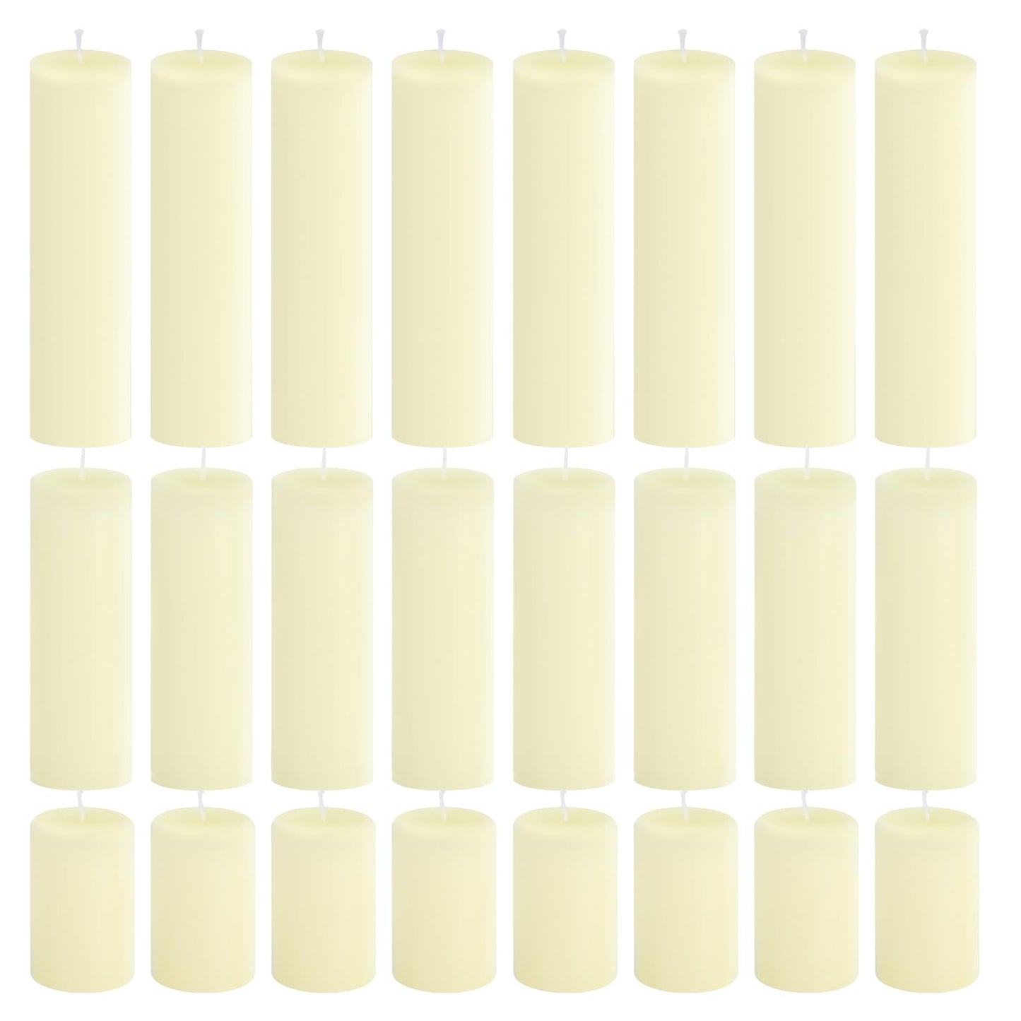CHICERA 24-Pack Ivory Unscented Pillar Candle Set - 2x3, 2x6, 2x8-inch Long-Burning Drip-Free Tapers, 8 Per Size. Ideal for Home Decor, Weddings, Emergencies, and Holidays.