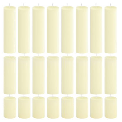 CHICERA 24-Pack Ivory Unscented Pillar Candle Set - 2x3, 2x6, 2x8-inch Long-Burning Drip-Free Tapers, 8 Per Size. Ideal for Home Decor, Weddings, Emergencies, and Holidays.
