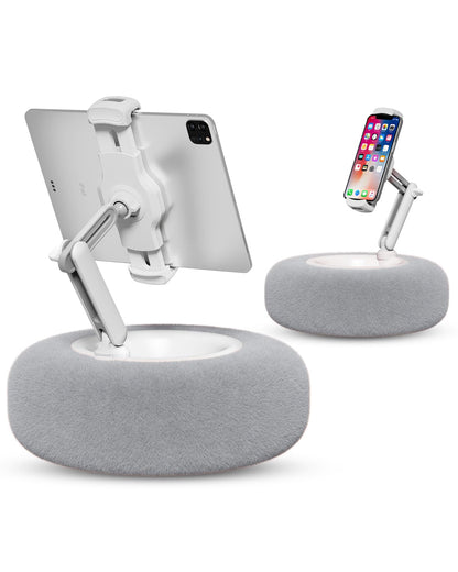 Viozon Tablet Stand Pillow, Compatible with 4.7"-13" Phone/Tablet, iPad, iPhone, Samsung, Google, Kindle, 360°Adjustable Phone Holder for Bed with Soft Plush Fabric, and Detachable Bowl, Grey