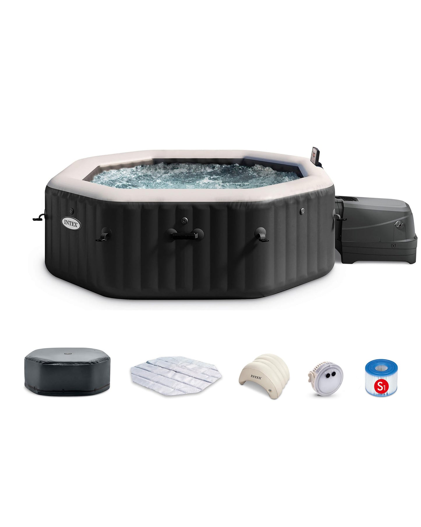 Intex 28461EP 6-Person Onyx Black Octagon Jet & Bubble Deluxe Combo Outdoor Inflatable Portable Hot Tub, Includes Energy Efficient Spa Cover, 83in x 28in