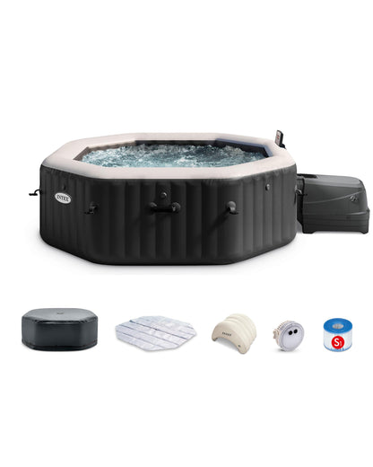 Intex 28461EP 6-Person Onyx Black Octagon Jet & Bubble Deluxe Combo Outdoor Inflatable Portable Hot Tub, Includes Energy Efficient Spa Cover, 83in x 28in