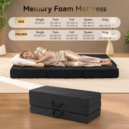 Housiney Memory Foam Foldable Mattress, 4 Inch Trifold Mattresses Full, Mattress Topper, Washable Cover, Handles, Non-Slip Bottom for Guest Bed, Yoga and Camping Mat, 73"x 52" x 4", Black