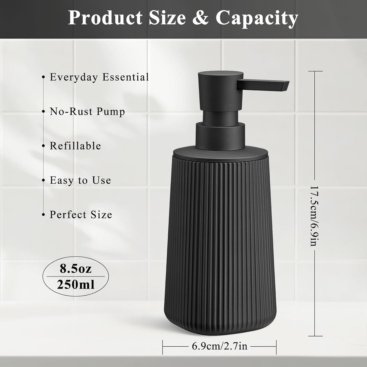 Skiennix Black Hand Soap Dispenser - Rust-Free Pump for Kitchen & Bathroom | 8.5 oz Matte Plastic