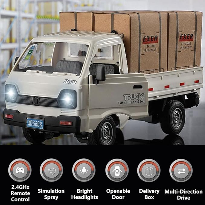 GoolRC Remote Control Car Kei Truck 1:16 Scale RC Transport Pickup Truck with Spray and Light 2.4GHz All Terrain RC Cars for Teens and Adults Christmas or Birthday Gift (White)