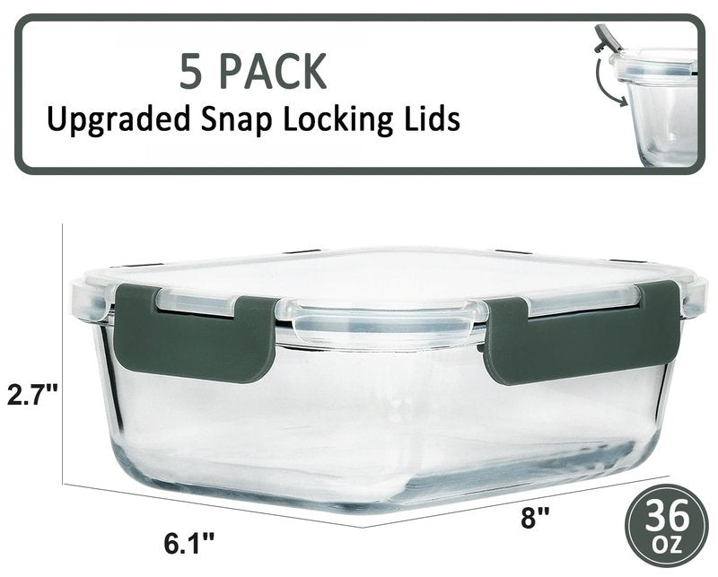 M MCIRCO [5-Packs, 36 Oz Glass Meal Prep Containers with Snap Locking Lids Glass Food Containers,Airtight Lunch Container,Microwave, Oven, Freezer and Dishwasher (4.5 Cup)