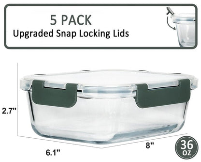 M MCIRCO [5-Packs, 36 Oz Glass Meal Prep Containers with Snap Locking Lids Glass Food Containers,Airtight Lunch Container,Microwave, Oven, Freezer and Dishwasher (4.5 Cup)