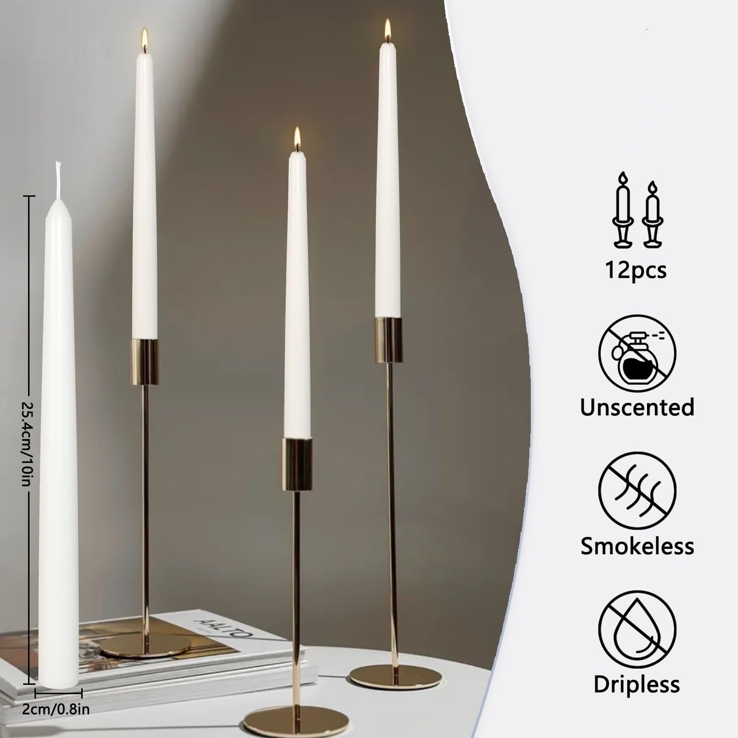 12Pack 10inch White Taper Candles- Dripless, Smokeless and Unscented candle-Long burning 8-9 Hours for home décor, Candlesticks, Dinner Table, Halloween,Vigil, Advent, Christmas, Thanksgiving, Kwanzaa
