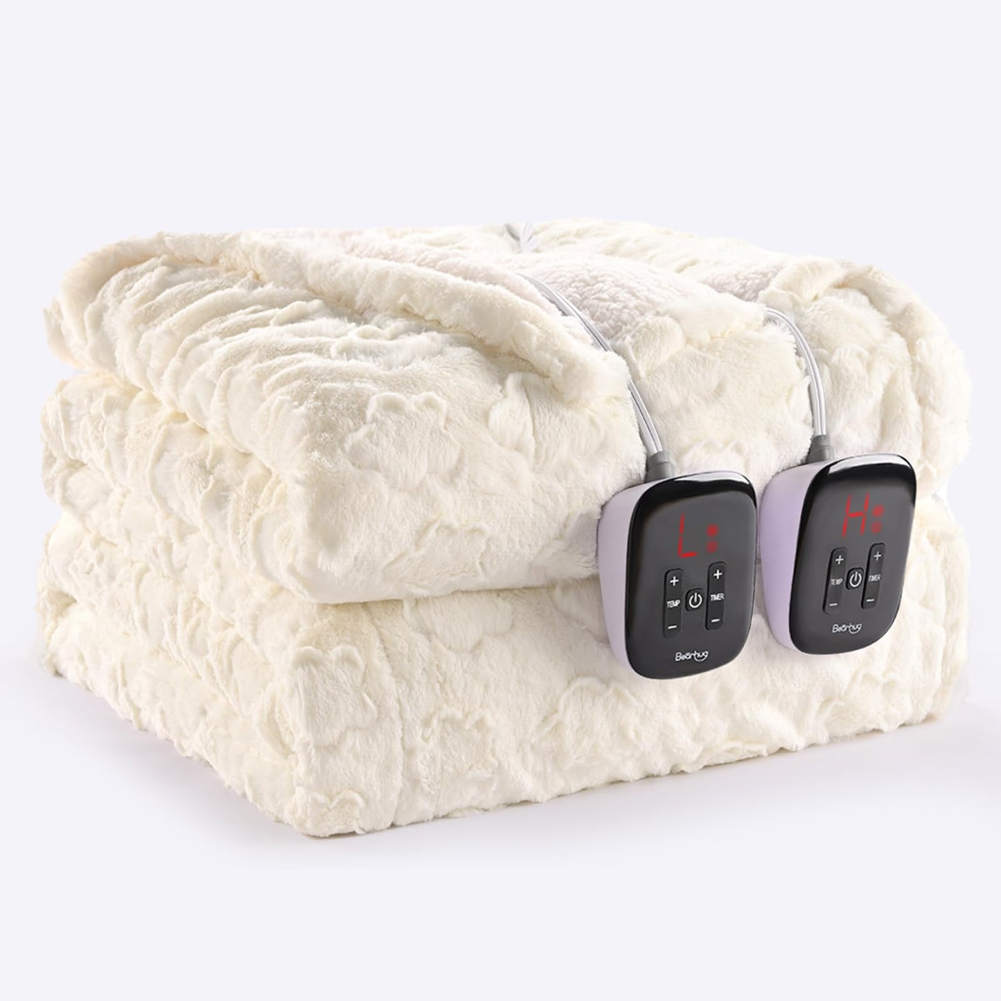 Bearhug Electric Blanket King Size 100" x 90", Dual Controller Heated Blanket, White Flower Patterns Faux Fur & Warm Sherpa, 10-Heat Levels & 1-12H Auto Off,ETL, Machine Washable