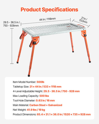 VEVOR Foldable Welding Table 44" x 21", 500LBS Capacity Welding Workbench with 4-Level Adjustable Height, Carbon Steel Work Bench with 6 Tool Slots & 0.63" Fixture Holes for Welding Assembly Repair