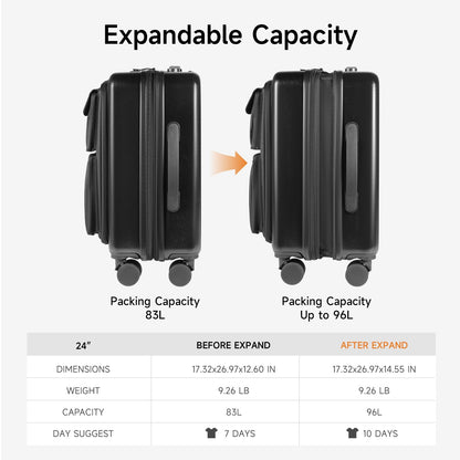 24 Inch Checked Luggage with Front Pocket, Expandable Hardshell Suitcase with Spinner Wheels, Hybrid Travel Bag with Laptop Compartment, TSA Lock & USB Charging Ports, Medium Suitcase for 7-10 Days