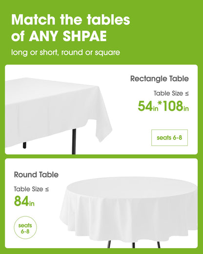 Pureegg Plastic Table Cloth Disposable 10 Pack, 54 x 108 Inch Table Cloths, Party, Picnic, Wedding, Decorative Tablecloths, Rectangle, White Plastic Cover, Leakproof & Sturdy, White
