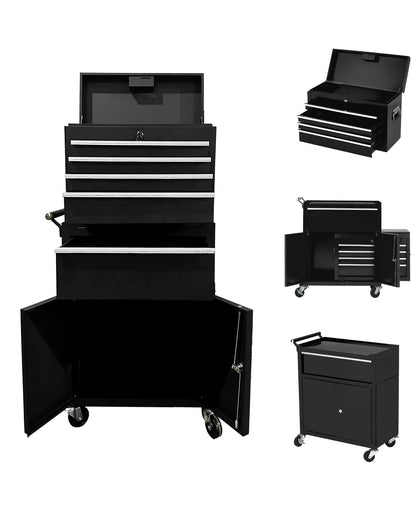 5-Drawer Rolling Tool Chest, 2-in-1 Detachable Top Tool Cabinet with Removable High Capacity Storage, Sliding Drawers, Wheels, Locking System & Liners for Workshop, Mechanics, Garage and Warehouse Use