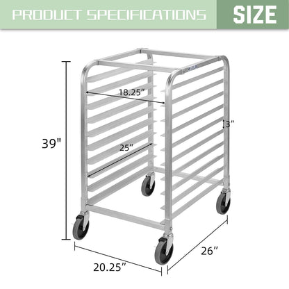 HALLY SINKS & TABLES H Bun Pan Rack 10 Tier with Wheels, Commercial Bakery Racking of Aluminum for Full & Half Sheet - Kitchen, Restaurant, Cafeteria, Pizzeria, Hotel and Home, 26" L x 20" W x 38" H