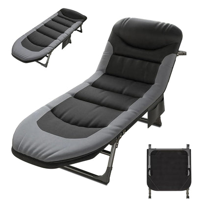 OVLRIJP Folding Lounge Chairs for Outside, Portable Camping Cot, 6-Position Chaise Lounge Chairs with Side Pocket and Mattress, Heavy Duty Chaise Lounges for Outdoor Patio Balcony Beach (Black)