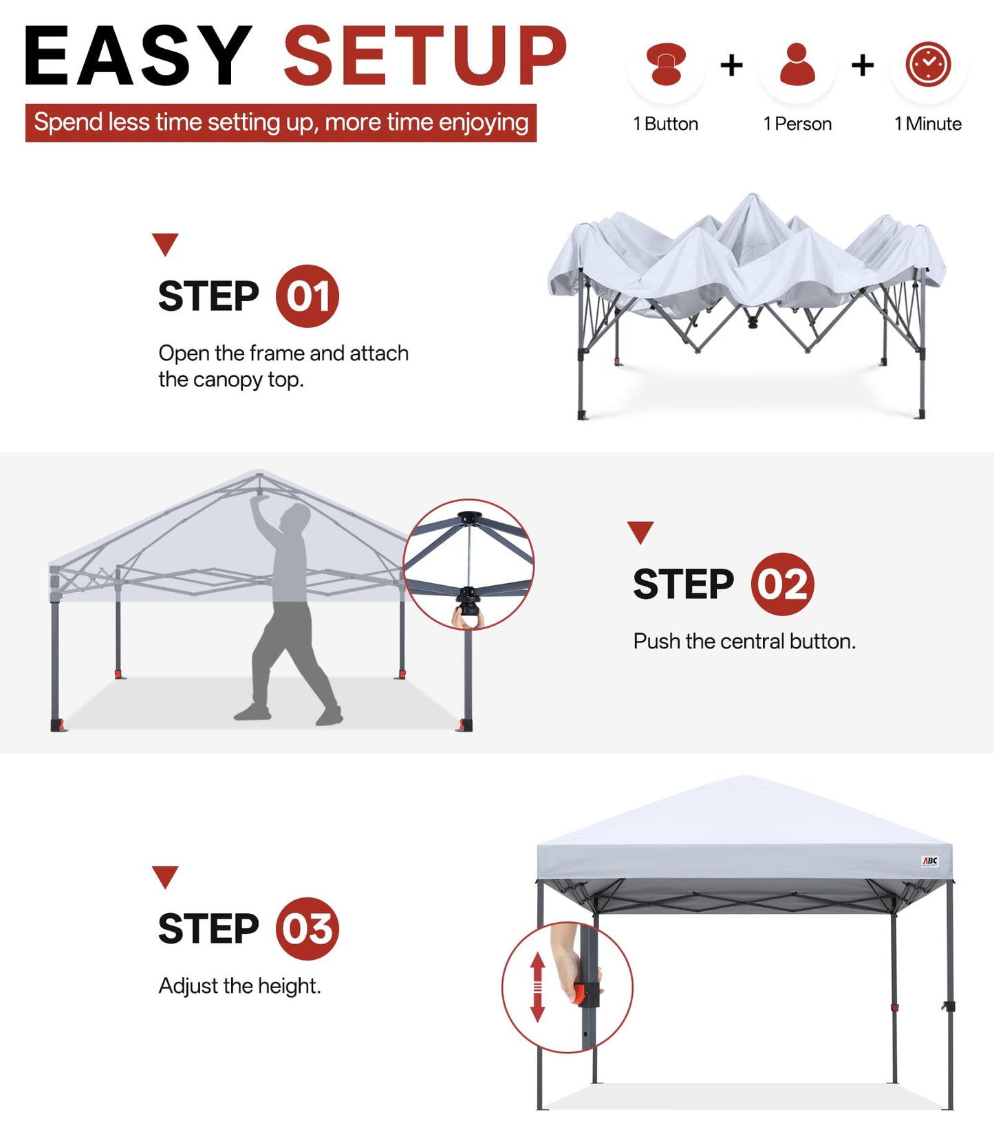 ABCCANOPY 10x10 Pop Up Canopy Tent, Easy Setup Instant Shelter with Wheeled Bag, Heavy Duty Outdoor Canopy for Beach, Market, Backyard, UV Protection, Outdoor Weather Protection (White, 10x10)